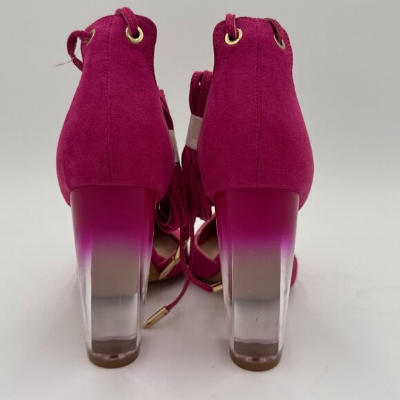 ShoeDazzle Kaia Heels Size 6 Hot Pink Suede Lace Up Clear Block Ombre Heels - Picture 6 of 9